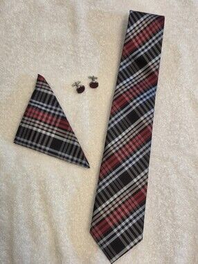 Duomo Milano Men’s Tie and Pocket Square And Cufflinks Set - Black and Red